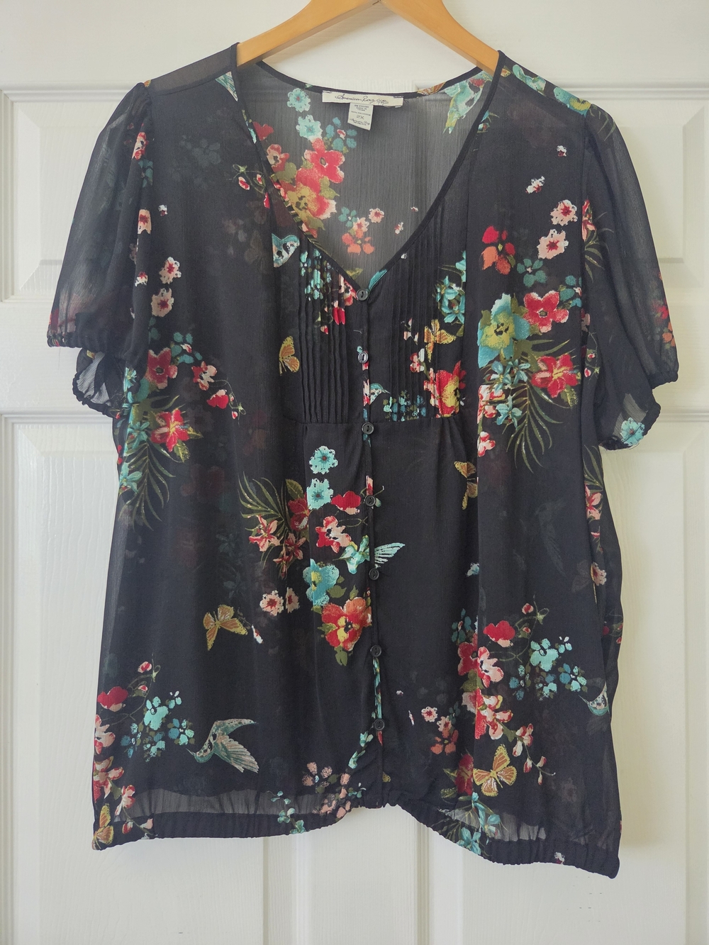 Sheer Floral Button-Front Blouse - Black Multi Women's 2X